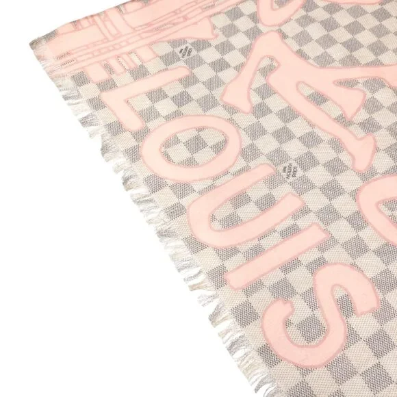 LOUIS VUITTON Vintage Damier Azur Tahitienne Logo Scarf Wrap Pink Gray [105046] - Picture 7 of 11